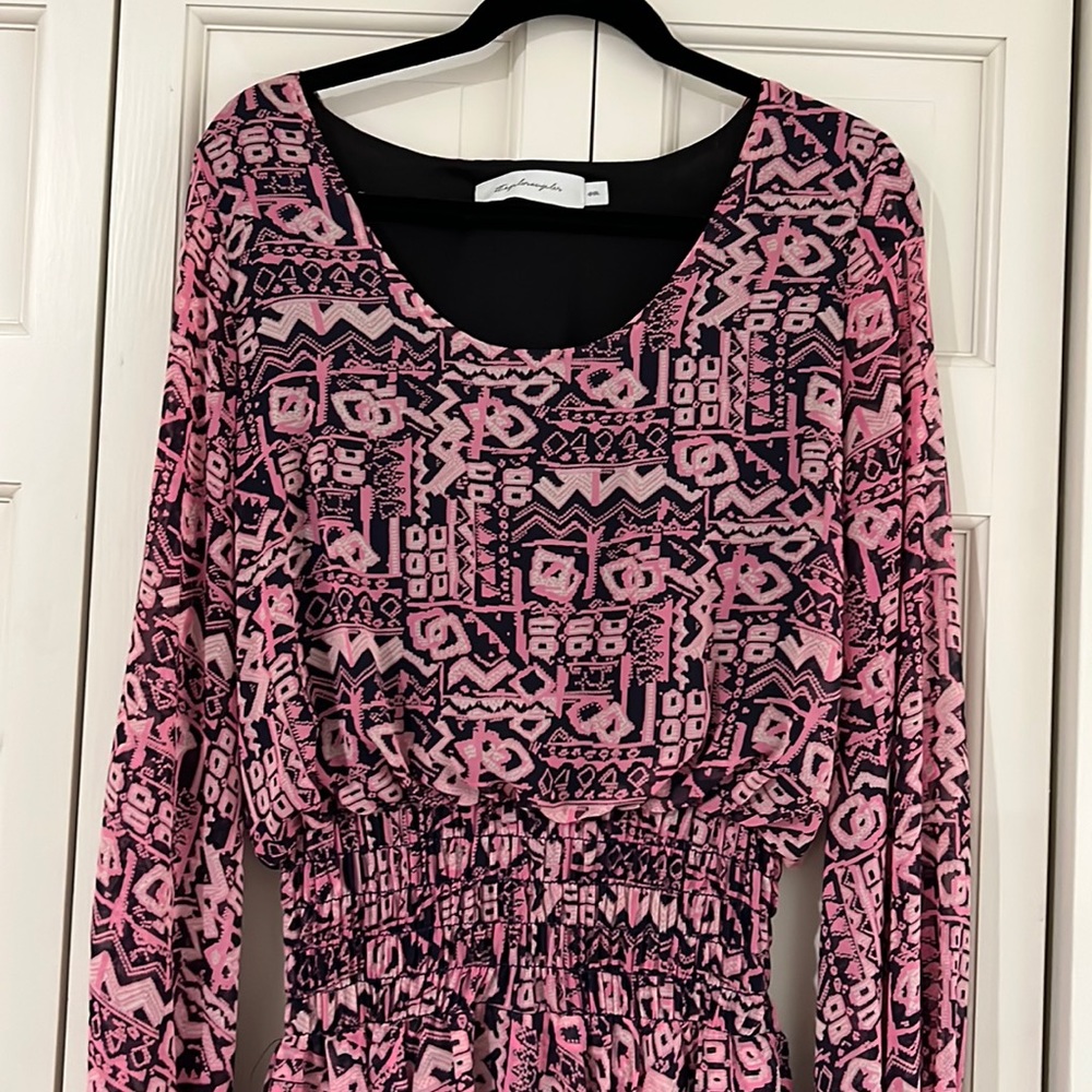 Pink and black dress fitted waist line in Flowey three tiered skirt